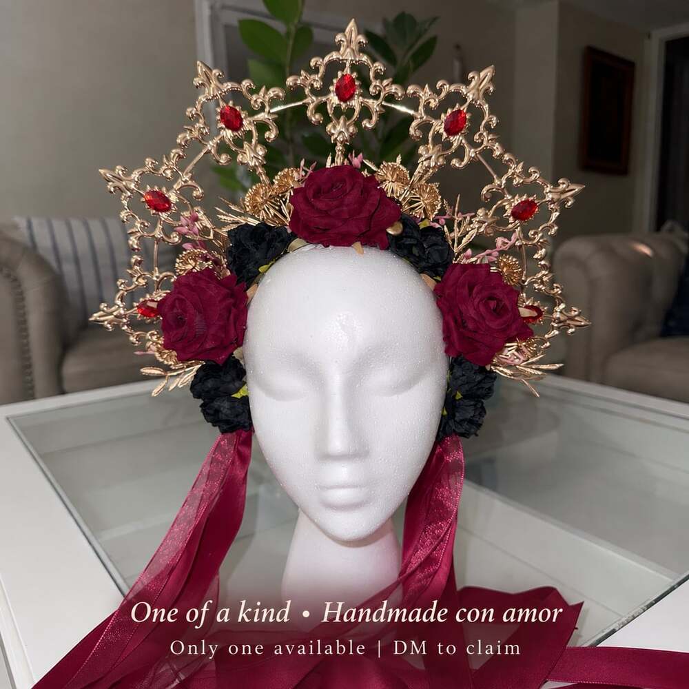 Handmade Gold Halo Crown Red Black Rose Floral Headdress Headpiece